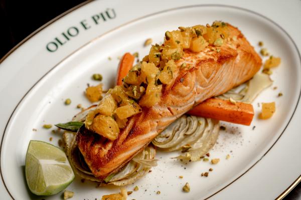 SALMONE ARANCIO E PISTACCHIO dish at Olio E Piu DC