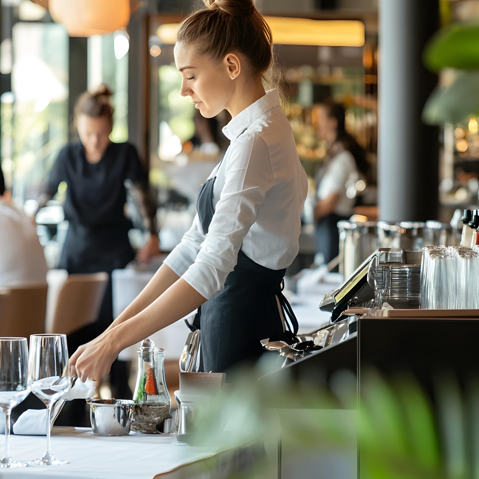 Youn woman setting a table in a restaurant