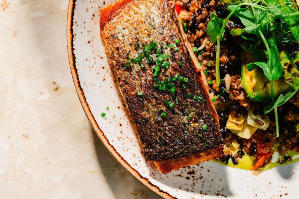 close up view of pan seared salmon and quinoa dish