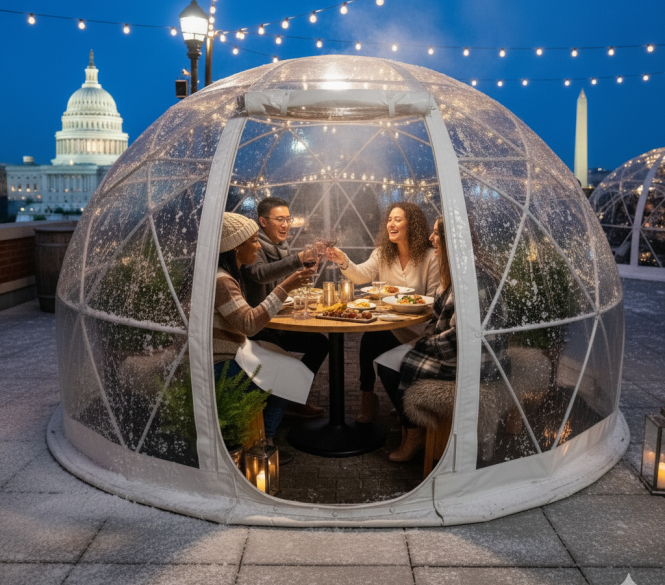 People dining in outdoor igloo